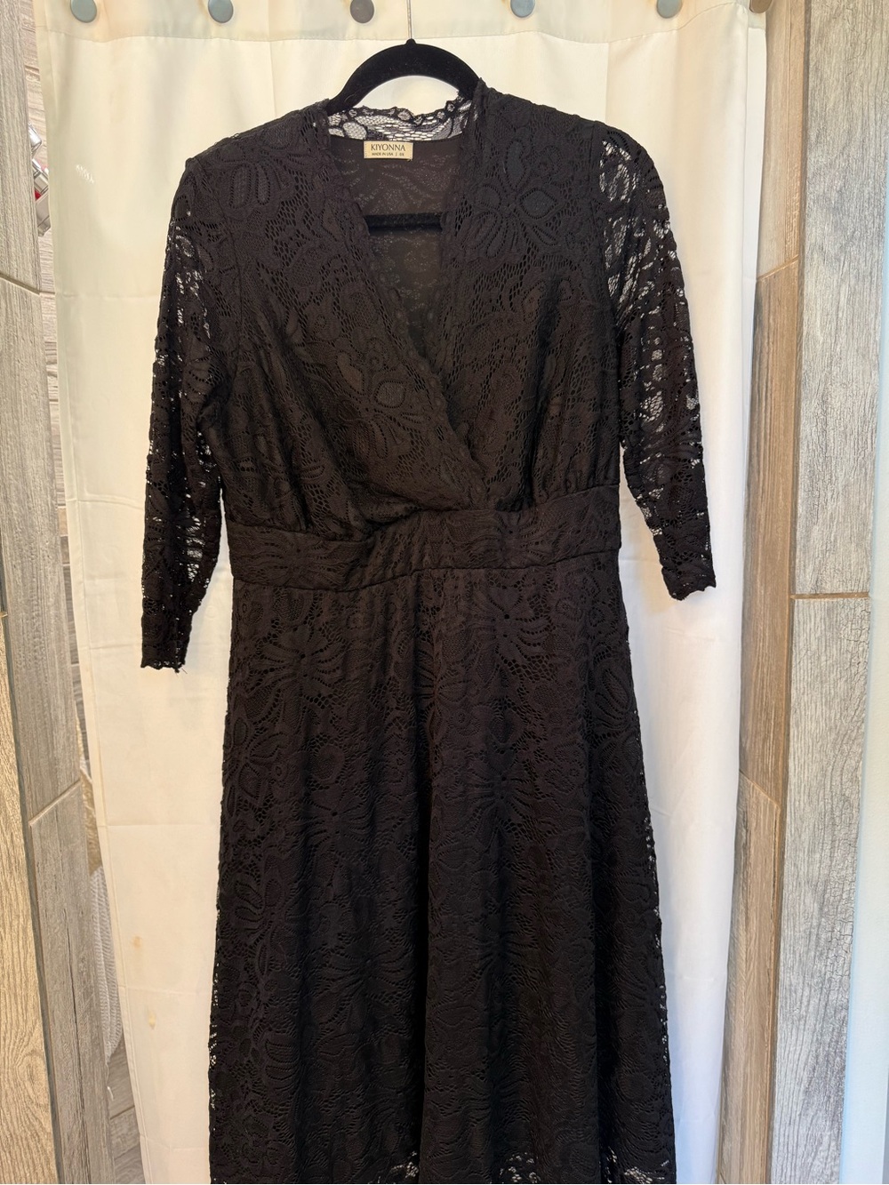 Kiyonna Black Lace Wrap-Style Midi Dress